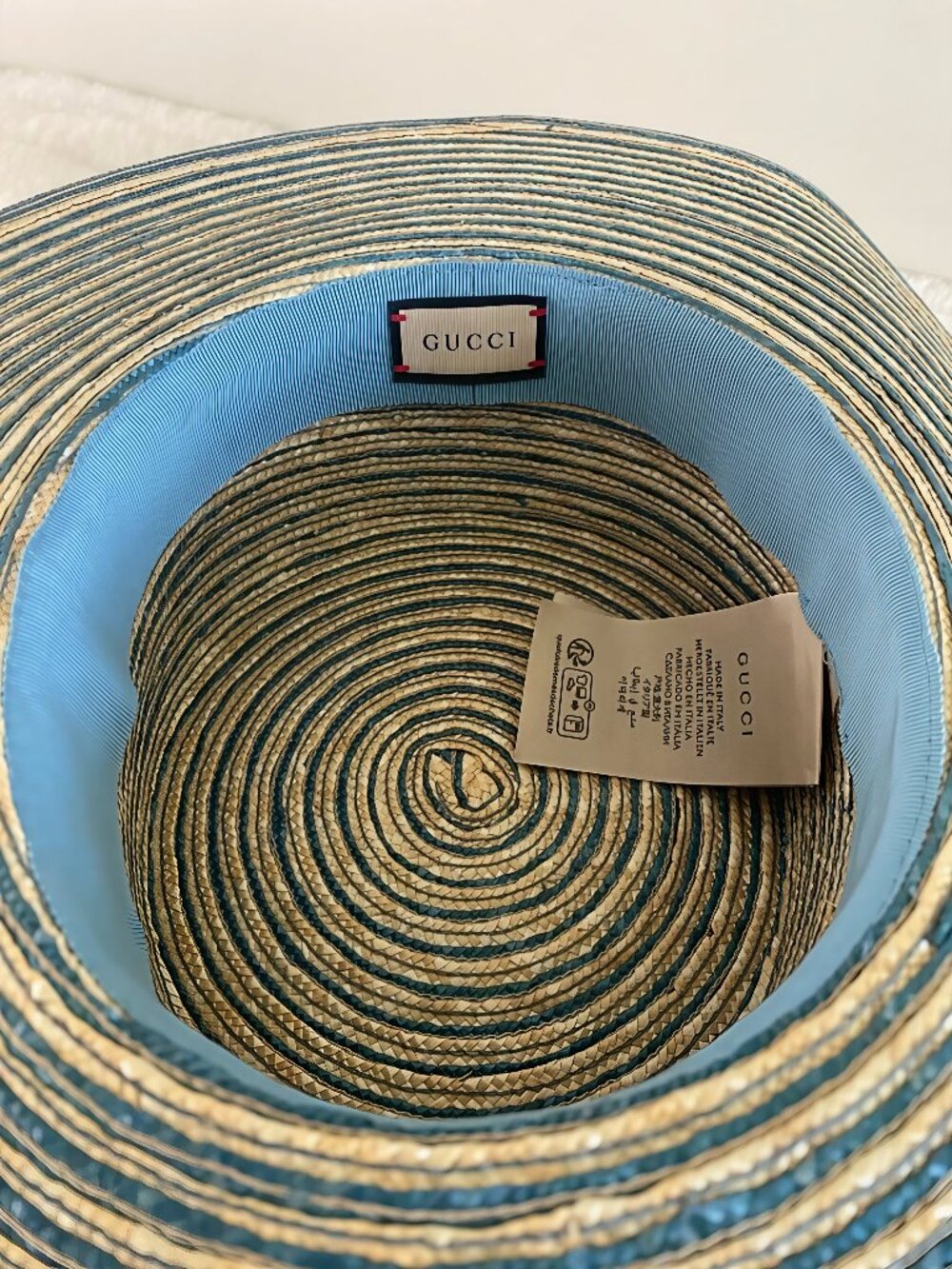 GUCCI Alvy Striped Beige and Light Blue Raffia Straw Hat - PRICE FIRM - Picture 8 of 16